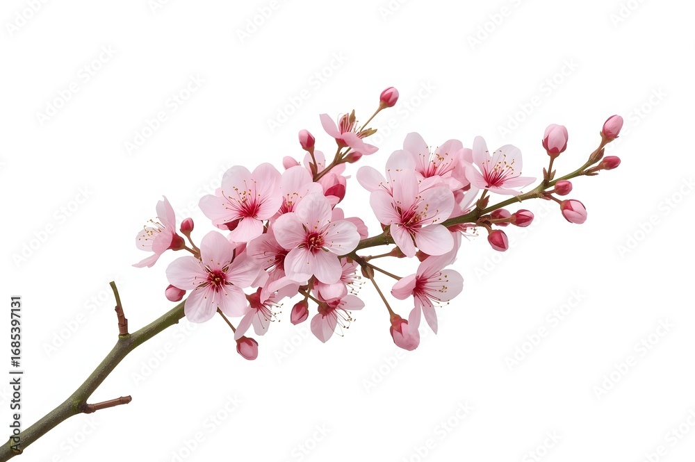 Fototapeta premium Pink cherry blossoms blooming, isolated, spring, white background, design element
