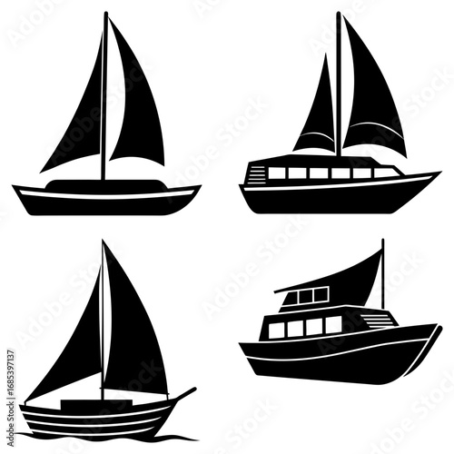 Four distinct boat silhouettes showcasing sailboats and motorboats in a simple black and white design