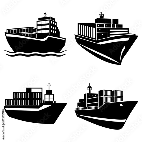 Illustration showing four container ships with various container arrangements on the decks in black and white