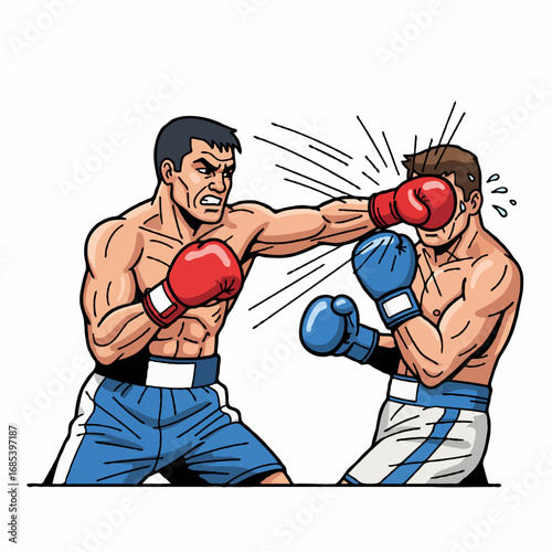 Vector illustration of a boxer delivering a powerful punch to the opponent in the ring. Perfect for sports, competition, strength, and action-themed design projects