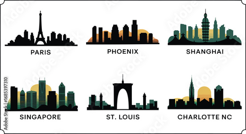 Paris, Phoenix, Shanghai, Singapore, St. Louis, and Charlotte NC Skyline Silhouettes Vector