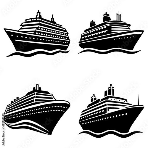 Four cruise ships in black and white showcasing different angles and perspectives of the vessels design