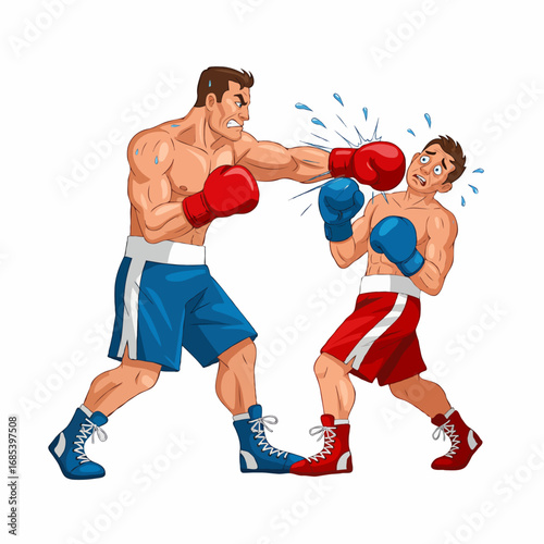 Vector illustration of a boxer delivering a powerful punch to the opponent in the ring. Perfect for sports, competition, strength, and action-themed design projects