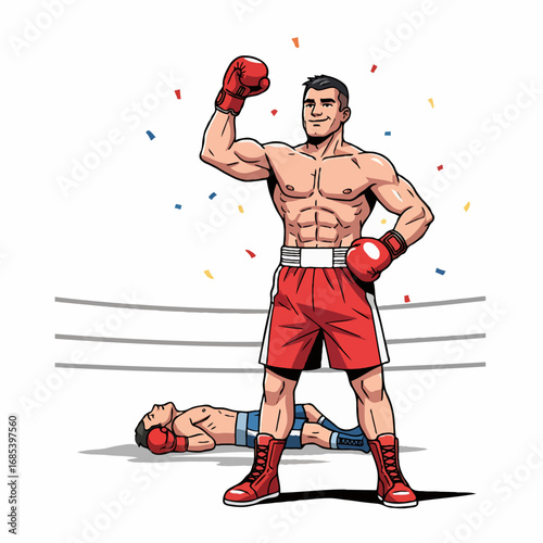 Vector illustration of a boxer celebrating victory after defeating opponent in the ring. Ideal for sports, success, competition, and achievement-themed design projects