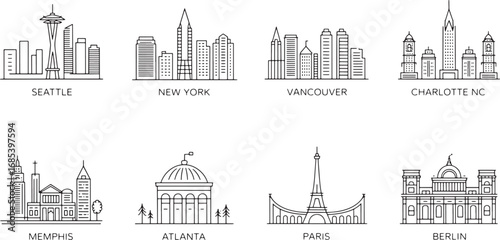 Detailed Skyline Illustrations of Global Cities Seattle New York Vancouver Charlotte NC