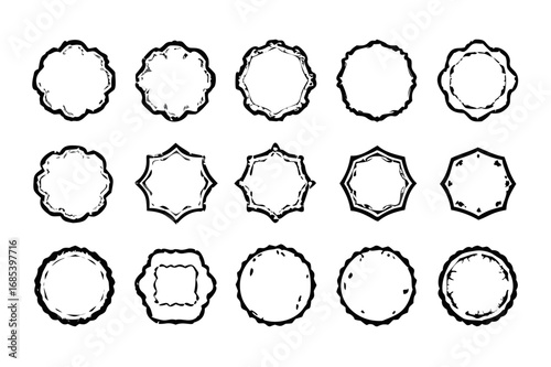 Collection of fifteen black and white decorative frames with varied shapes and grunge textured outlines