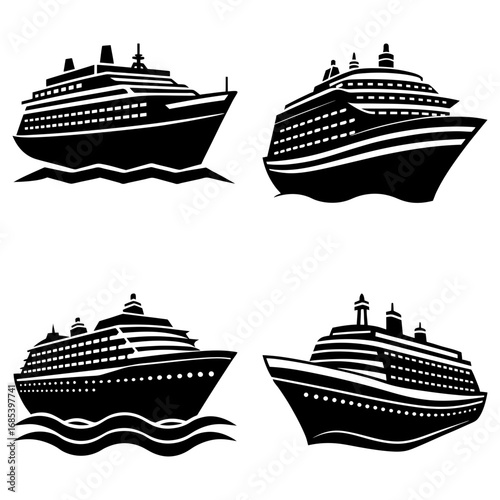 Four cruise ships in silhouette sailing on the ocean waves with multiple decks and prominent smokestacks