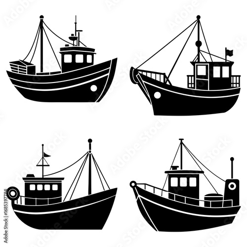 Illustration of four fishing boats with masts and cabins in black silhouette on a white background surface