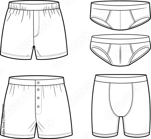 CAD drawing flat vector illustration of various men's underwear styles including briefs, boxers, and trunks, technical fashion template view