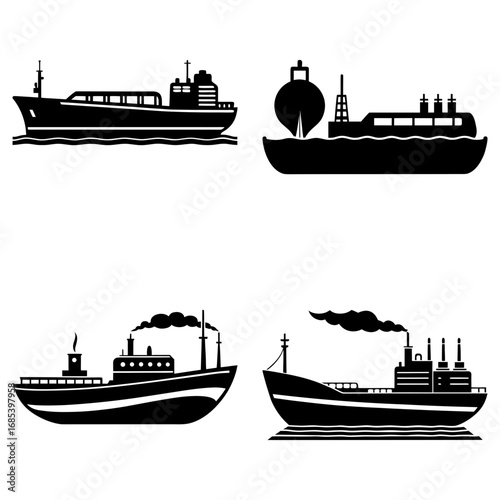 Collection of four different black and white silhouette illustrations of various types of ships and boats