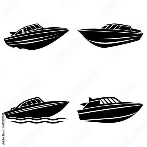 Four black and white silhouette illustrations of speedboats in different positions and orientations