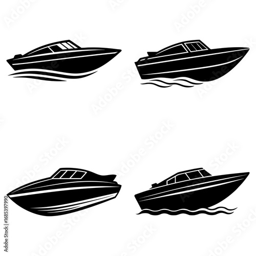 Illustration of four black speedboats with sleek designs on water in a vector graphic style