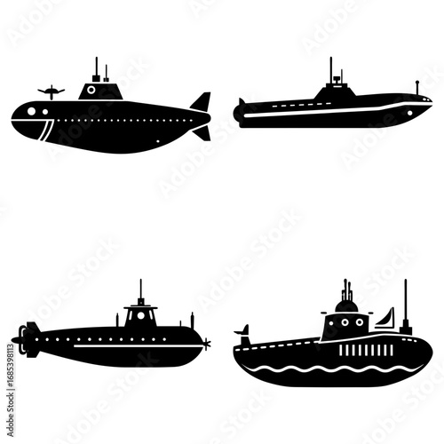 Four black submarines in various designs are displayed on a white background in a simple vector image