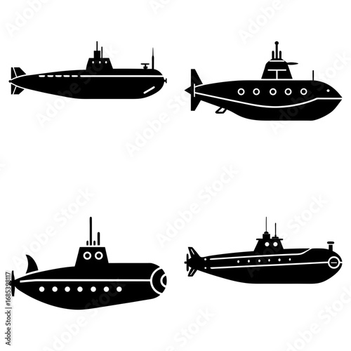 Four different submarine designs in black silhouette against a white background in a square format