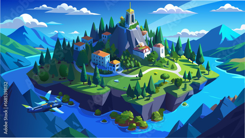 Stylized floating island village with a futuristic airplane flying over water