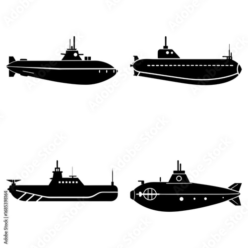 Four submarine silhouettes in a square arrangement showing different designs and features underwater vessels