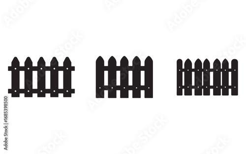 Three sections of a picket fence in silhouette against a white background providing a clean and simple design element