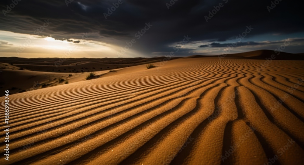 Naklejka premium Rippled Sand Dunes Under Stormy Sky desert ripples