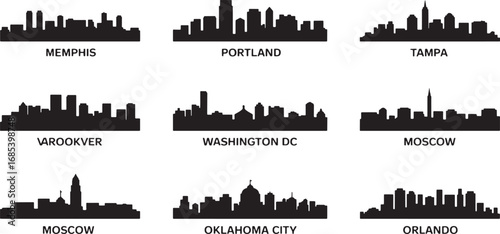 City Skyline Silhouettes of Memphis, Portland, Tampa, and Other Cities
