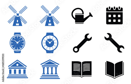 Engaging collection of black and blue vector icons with windmills, calendar, book, wrench, watch, watering can and bank architecture, perfect for website design, apps and infographics
