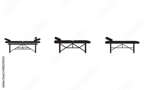 Vector Illustration Set of Massage Tables for Relaxation and Therapeutic Treatments in Black and White Graphic Design with Adjustable Headrests