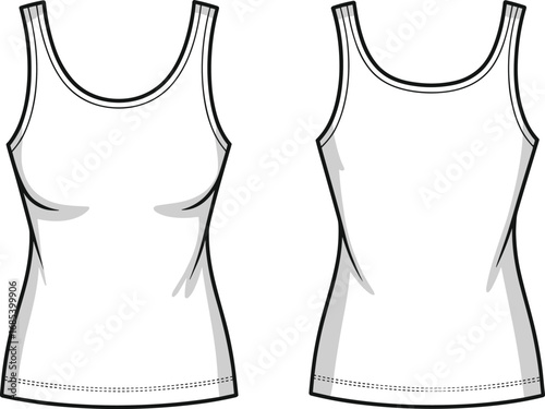 CAD drawing flat vector illustration of women's tank top with scoop neck, front and back view technical fashion sketch design