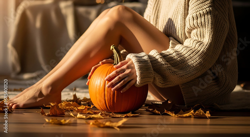 Woman in a cozy sweater gently cradles a pumpkin amidst autumn leaves, bathed in warm sunlight.