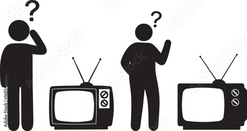 Two confused people with old televisions silhouette