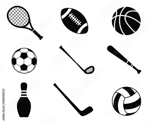 Sports equipment vector icons set basketball football tennis golf baseball soccer volleyball bowling hockey editable stock vector illustration