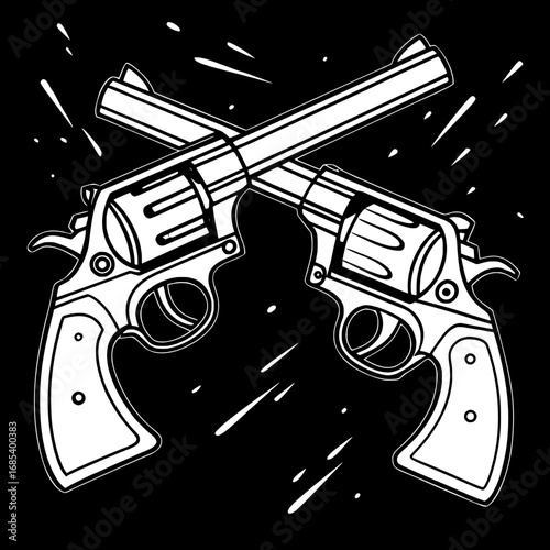 "Dual pistols crossed in mid-air with fiery sparks around them, futuristic cyberpunk style"