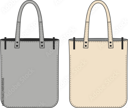 CAD drawing of fashionable leather tote bags, front view, flat vector illustration, minimalist design, isolated, neutral colors, accessory template
