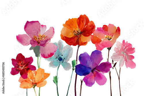 A colorful bouquet of flowers is displayed in a row. The flowers are of various colors, including pink, orange, and purple. The arrangement is vibrant and lively, creating a cheerful