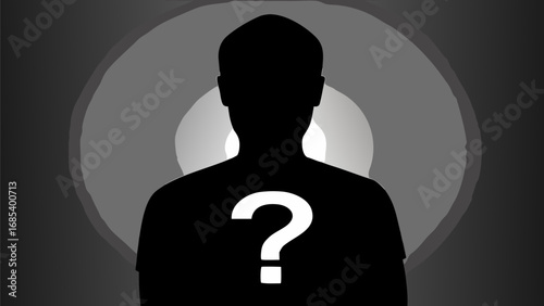 Silhouette of a person with a question mark on their back against a gray concentric background design