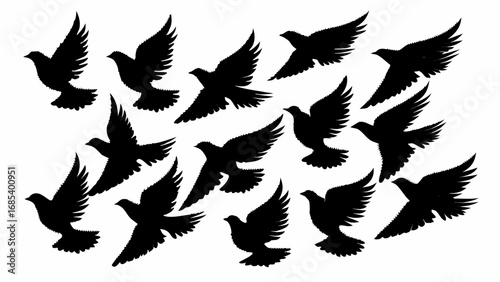 Silhouette illustration showing a flock of birds flying in different directions against a white background