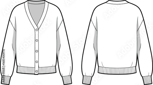 Cardigan sweater flat sketch, buttoned front, ribbed cuffs and waistband, V-neck design, technical clothing vector, casual fashion template illustration