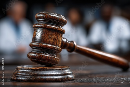 Judge's gavel rests on a wooden surface in a courtroom setting during a legal proceeding with attentive jurors
