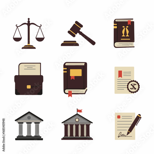 Flat design collection of law and justice icons, including scales, gavel, legal books, courthouse, and official documents, representing the legal system.