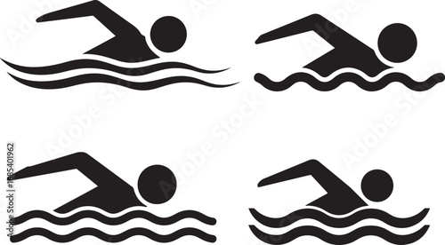 Four swimming silhouettes with wavy water