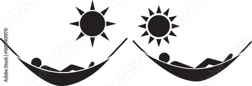 Two people relaxing in hammocks under the sun silhouette