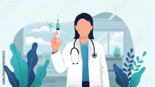 doctor wearing a white coat and stethoscope, standing and holding a syringe, preparing to give an injection to a patient