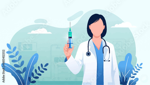 doctor wearing a white coat and stethoscope, standing and holding a syringe, preparing to give an injection to a patient