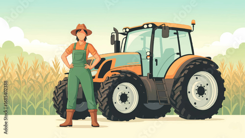 Modern Farmer with Tractor in Cornfield