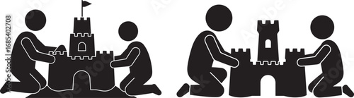 Two families building sandcastles together silhouette