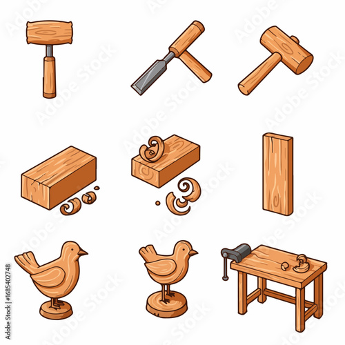 Charming cartoon illustration set featuring various woodworking tools, wood blocks, shavings, and beautifully carved wooden bird figurines, representing craftsmanship and creative hobbies.