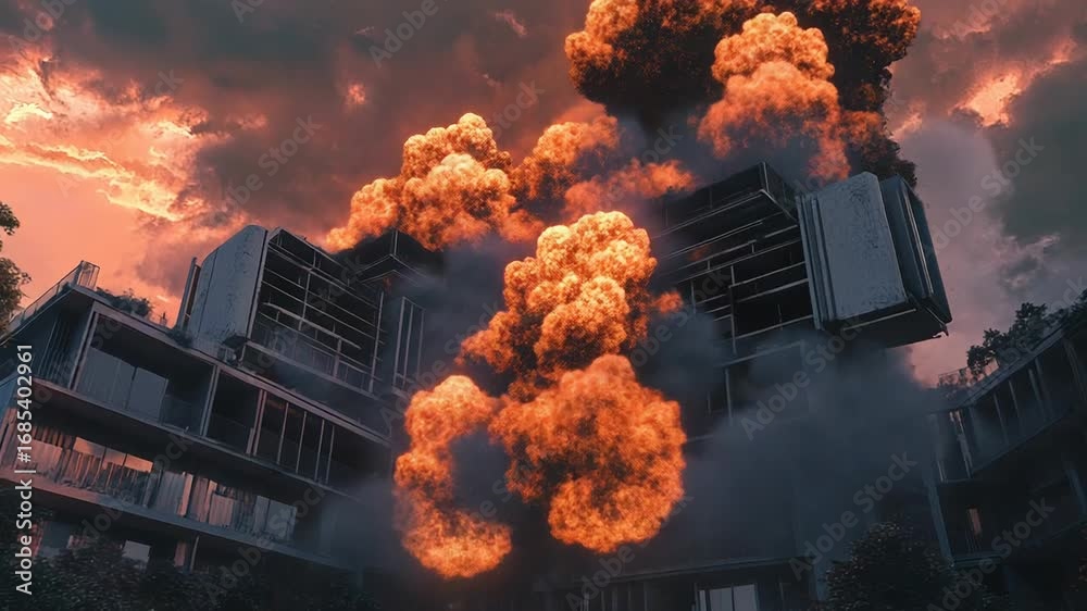 Buildings exploding during war under cloudy sky