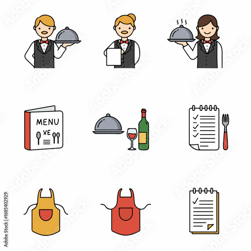 Colorful cartoon icon set: restaurant and catering service elements including waiters, menus, aprons, and dining tools, presented in a playful flat design.