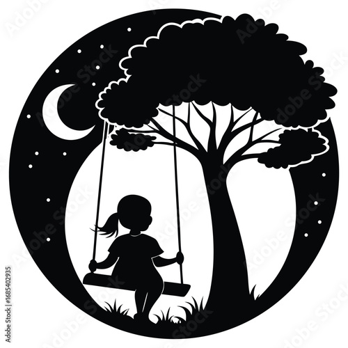 Adobe IllustrSummer vacation. Young woman sit on tree rope swing on high cliff above tropical lake. Happy girl looking at amazing jungle view. Bunya lake is popular travel destinations in Artwork