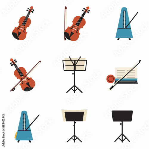 Flat Design Music Icons Set: Violins, Metronomes, and Music Stands for Classical Education and Practice
