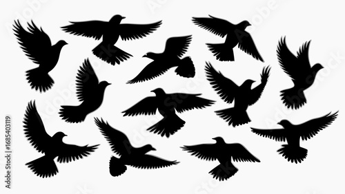 Silhouette illustration of a flock of birds in various flying positions against a white background view