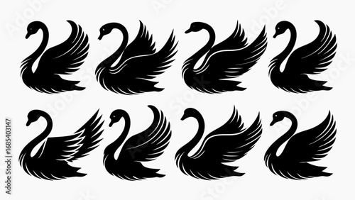 Eight black silhouette swans are arranged in two rows against a white background in a simple illustration
